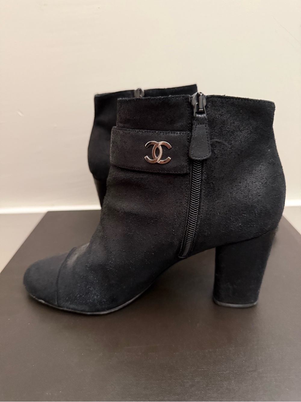 Vintage 2011 Chanel Black Suede Ankle Boots with CC Logo Size 40